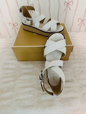 Michael Kors White Leather Espadrille Platform Sandals with Buckle